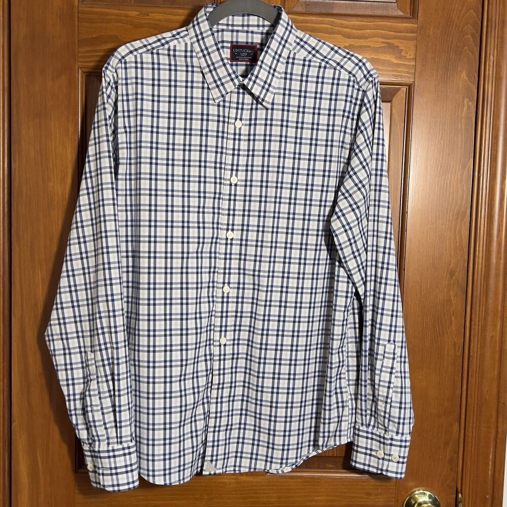 UNTUCKit Allendale White Blue Gray Plaid Performance Shirt Men's Large Slim Fit